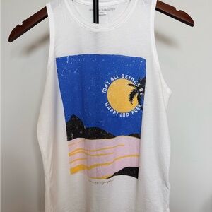 Spiritual Gangster White Tank with Blue and Yellow Graphic